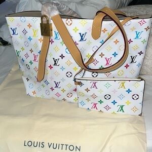 Louis Vuitton Multicolor Monogram White Canvas Tote with Pouch